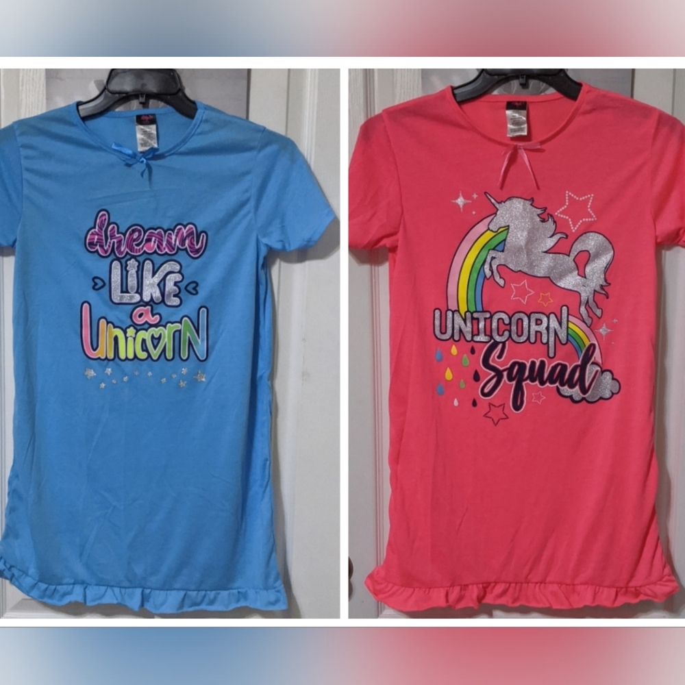 Set Of 2 Angel Face Girl Unicorn Blue & Pink Nightgown PJs Pajamas Dress By Tuff